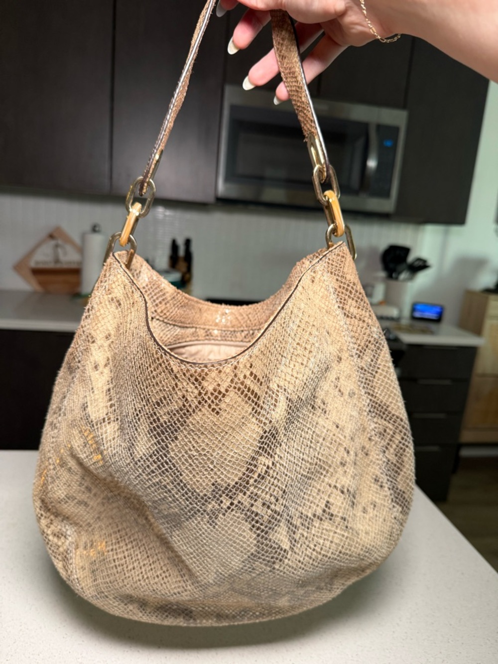 Michael Kors Fulton Brown Snakeskin Hobo Shoulder Bag - Picture 4 of 5